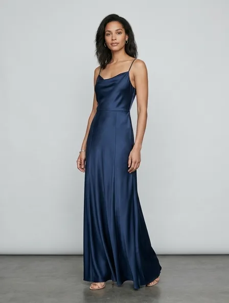 Maxi dress in charmeuse satin, on a model in a studio