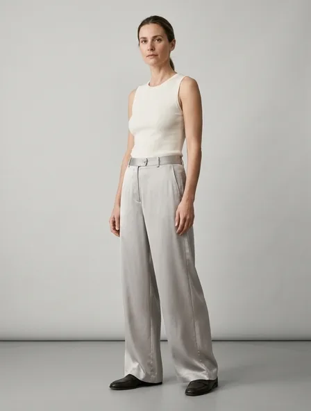 Pants in charmeuse satin, on a model in a studio