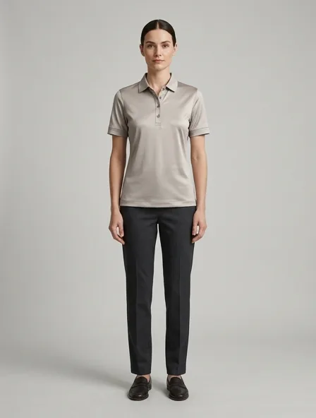 Polo shirt in stretch satin, on a model in a studio