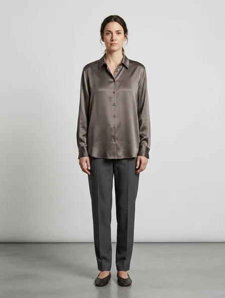 Shirt in charmeuse satin, on a model in a studio