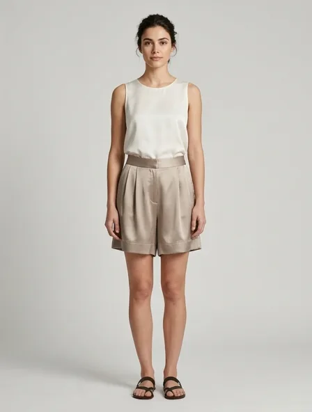 Shorts in charmeuse satin, on a model in a studio