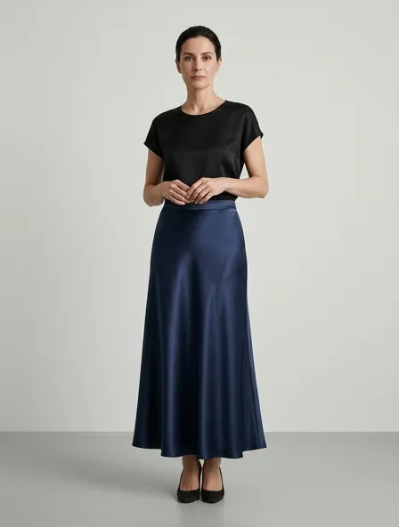 Skirt in charmeuse satin, on a model in a studio