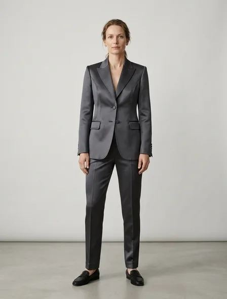 Suit in duchess satin, on a model in a studio