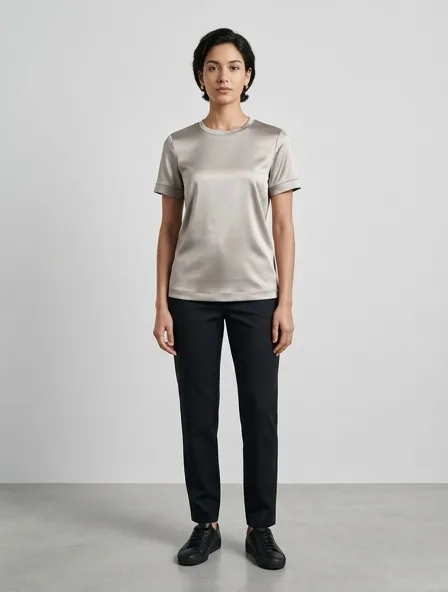 T-shirt in stretch satin, on a model in a studio