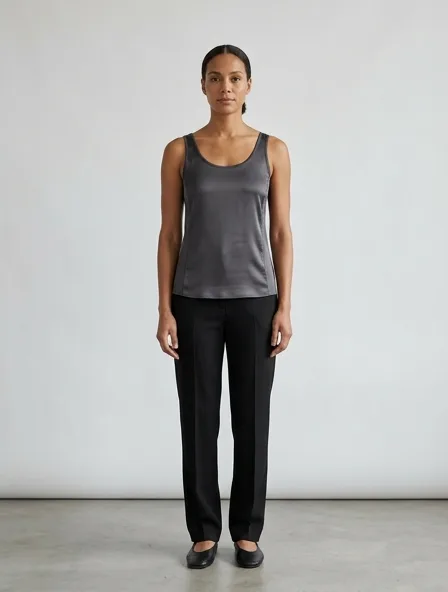 Tank top in stretch satin, on a model in a studio