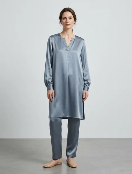 Tunic in charmeuse satin, on a model in a studio