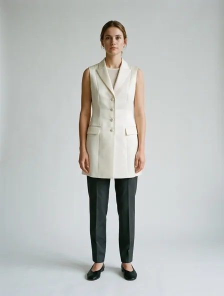 Vest in duchess satin, on a model in a studio