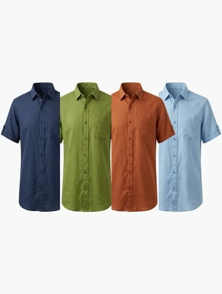 One short-sleeved shirt shown in four colors side by side: navy, green, rust and light blue