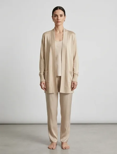 Cardigan in silk knit, on a model in a studio