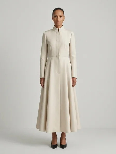 Coat in silk faille, on a model in a studio