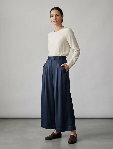 Culottes in silk twill, on a model in a studio