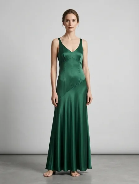 Dress in silk charmeuse, on a model in a studio