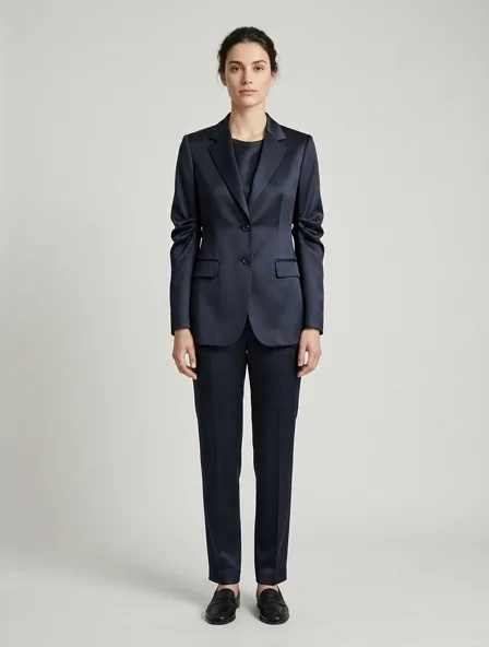 Jacket in silk twill, on a model in a studio