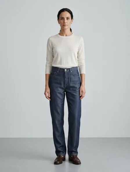 Jeans in silk twill, on a model in a studio