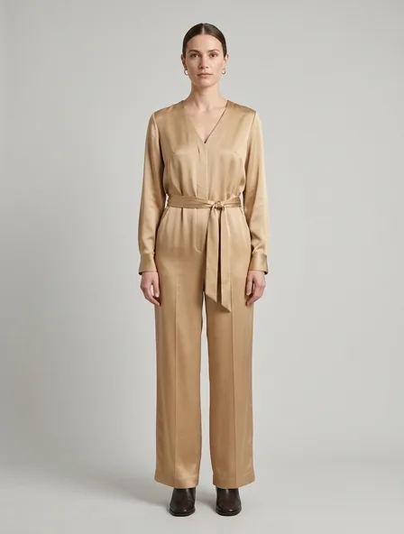 Jumpsuit in silk charmeuse, on a model in a studio