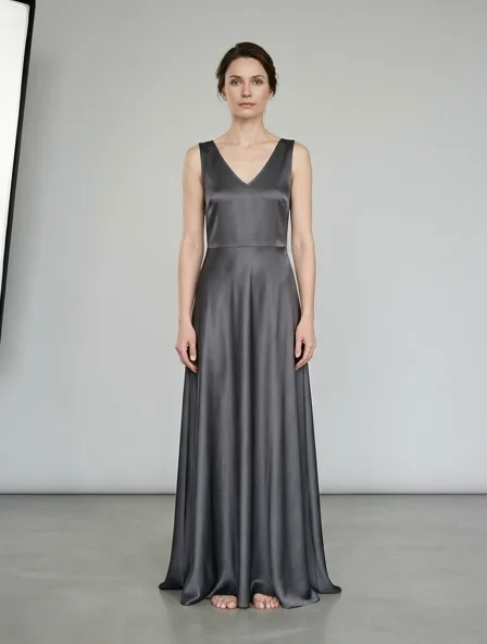 Maxi dress in silk charmeuse, on a model in a studio
