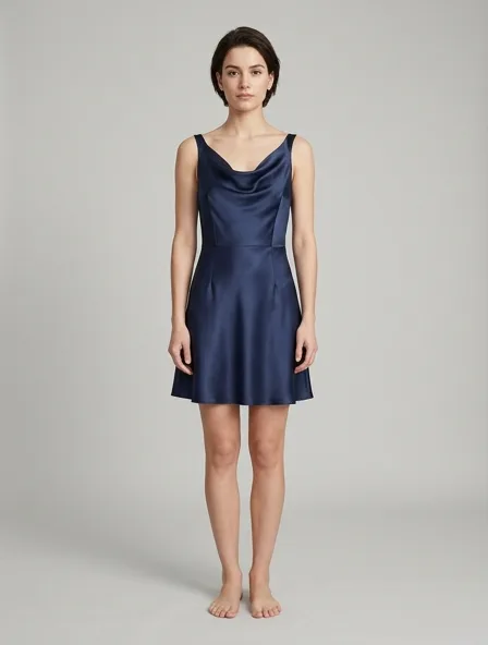 Mini dress in silk charmeuse, on a model in a studio