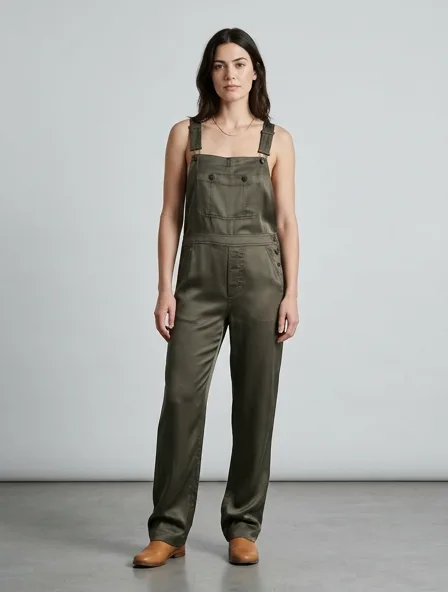 Overalls in silk twill, on a model in a studio