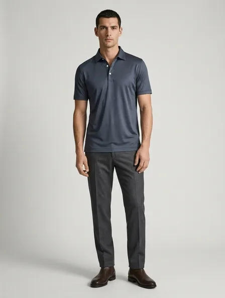 Polo shirt in silk jersey, on a model in a studio