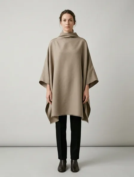 Poncho in silk faille, on a model in a studio