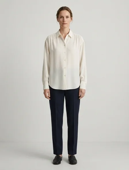 Shirt in silk crêpe de Chine, on a model in a studio