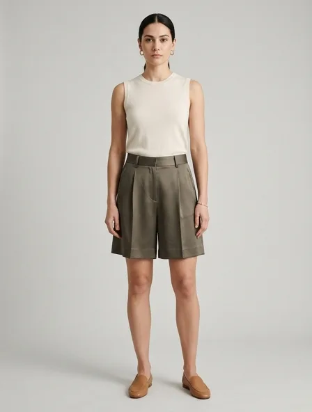 Shorts in silk twill, on a model in a studio