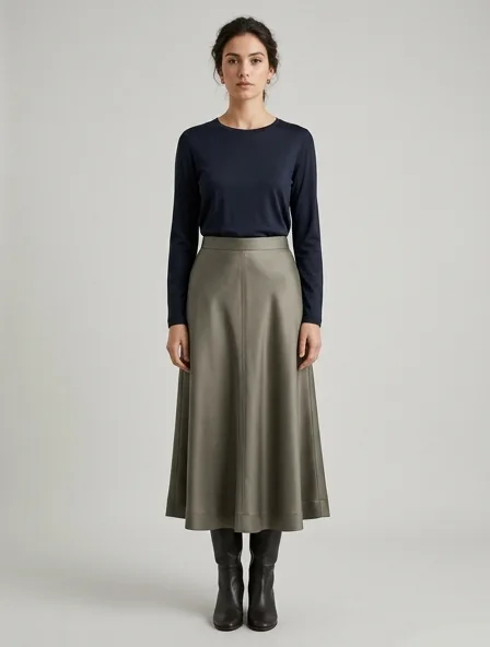 Skirt in silk twill, on a model in a studio