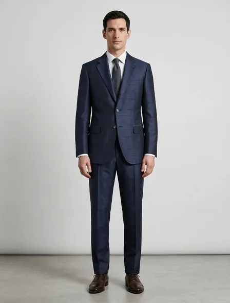 Suit in silk shantung, on a model in a studio