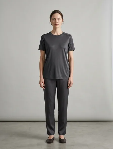 T-shirt in silk jersey, on a model in a studio