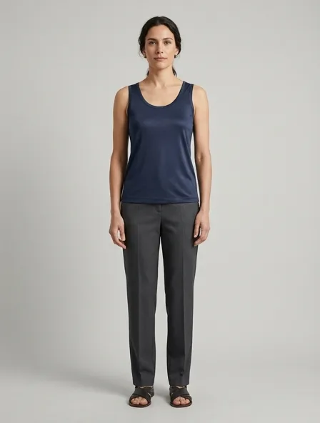 Tank top in silk jersey, on a model in a studio