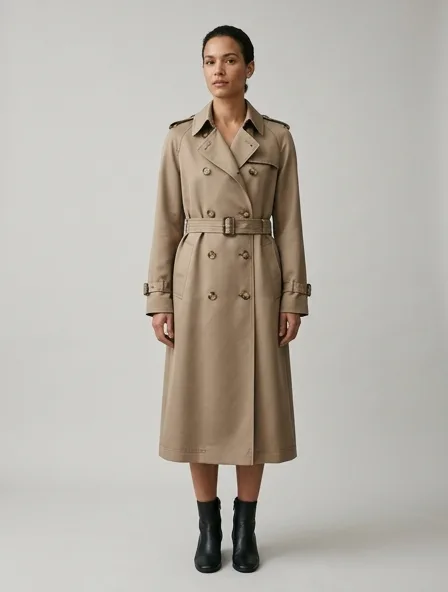 Trench coat in silk faille, on a model in a studio