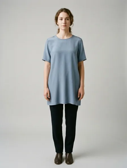 Tunic in silk crêpe de Chine, on a model in a studio