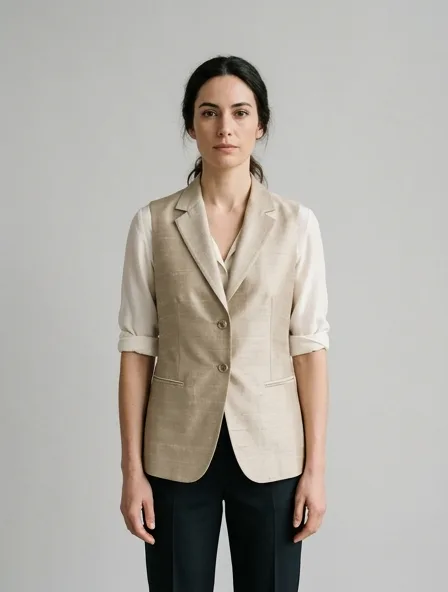 Vest in silk shantung, on a model in a studio