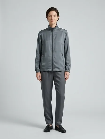 Windbreaker in silk twill, on a model in a studio