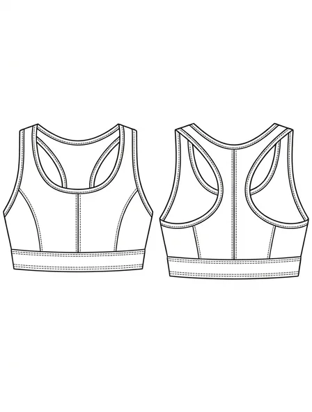 Sports bra flat technical drawing, front and back