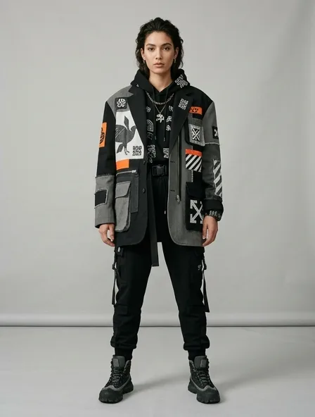 Streetwear blazer on a model: bold, graphic, oversized, logo-heavy