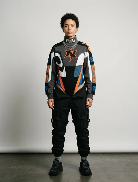 Streetwear bodysuit on a model: bold, graphic, oversized, logo-heavy
