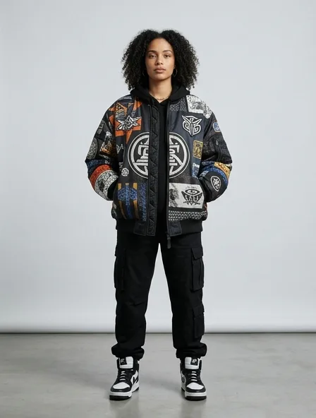 Streetwear bomber jacket on a model: bold, graphic, oversized, logo-heavy