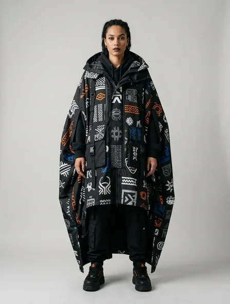 Streetwear cape on a model: bold, graphic, oversized, logo-heavy