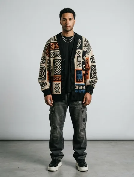 Streetwear cardigan on a model: bold, graphic, oversized, logo-heavy