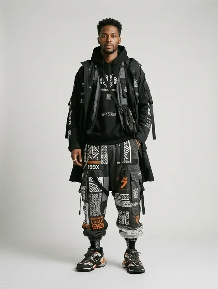 Streetwear cargo pants on a model: bold, graphic, oversized, logo-heavy