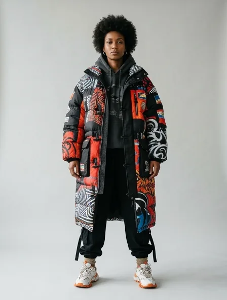 Streetwear coat on a model: bold, graphic, oversized, logo-heavy