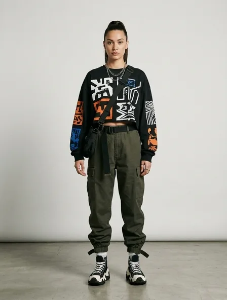 Streetwear crop top on a model: bold, graphic, oversized, logo-heavy
