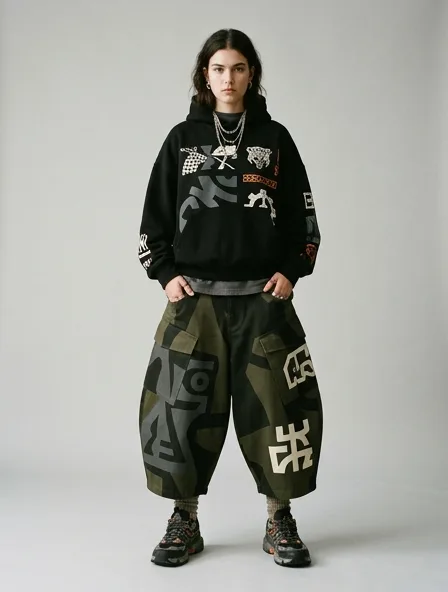 Streetwear culottes on a model: bold, graphic, oversized, logo-heavy