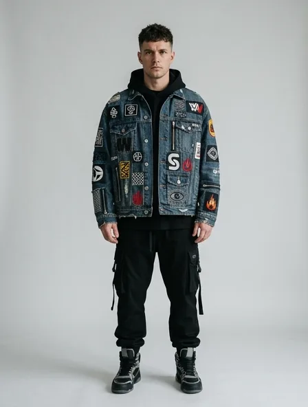 Streetwear denim jacket on a model: bold, graphic, oversized, logo-heavy