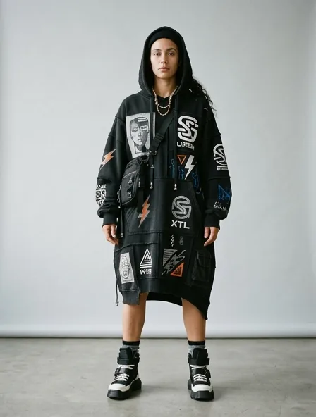 Streetwear dress on a model: bold, graphic, oversized, logo-heavy
