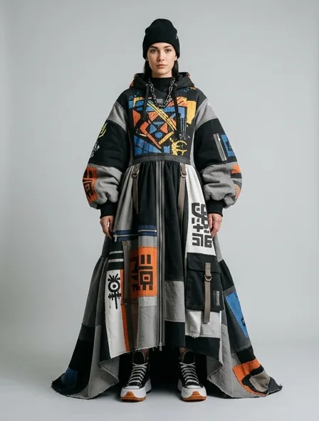 Streetwear gown on a model: bold, graphic, oversized, logo-heavy