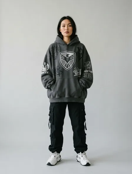Streetwear hoodie on a model: bold, graphic, oversized, logo-heavy