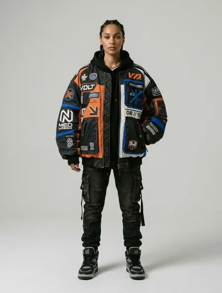 Streetwear jacket on a model: bold, graphic, oversized, logo-heavy