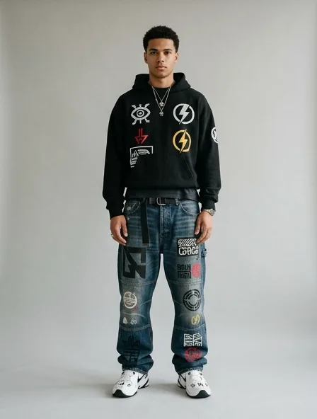 Streetwear jeans on a model: bold, graphic, oversized, logo-heavy